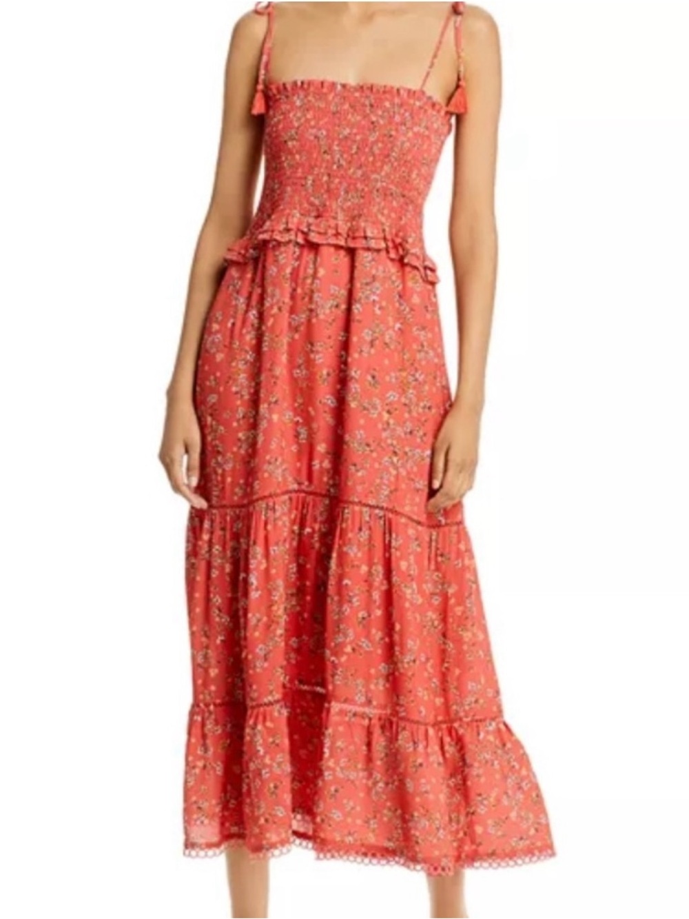 Lost + Wander Floral Smocked Midi Dress Coral Pink Tassel Strap Boho Fits L